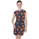 Mid Century Retro Floral 1970s 1960s Pattern 61 Drawstring Hooded Dress