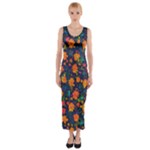Mid Century Retro Floral 1970s 1960s Pattern 61 Fitted Maxi Dress