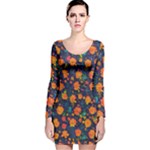 Mid Century Retro Floral 1970s 1960s Pattern 61 Long Sleeve Velvet Bodycon Dress