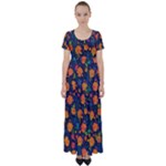 Mid Century Retro Floral 1970s 1960s Pattern 61 High Waist Short Sleeve Maxi Dress