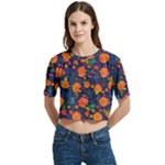 Mid Century Retro Floral 1970s 1960s Pattern 61 Women s Round Neck Short Sleeve Crop Top