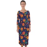 Mid Century Retro Floral 1970s 1960s Pattern 61 Quarter Sleeve Midi Bodycon Dress