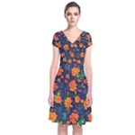 Mid Century Retro Floral 1970s 1960s Pattern 61 Short Sleeve Front Wrap Dress