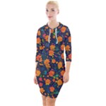 Mid Century Retro Floral 1970s 1960s Pattern 61 Quarter Sleeve Hood Bodycon Dress