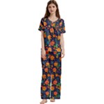 Mid Century Retro Floral 1970s 1960s Pattern 61 Short Sleeve Satin Pajamas Set With Pockets