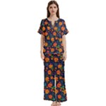Mid Century Retro Floral 1970s 1960s Pattern 61 Short Sleeve Long Pants Satin Pajamas Set