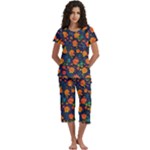 Mid Century Retro Floral 1970s 1960s Pattern 61 Short Sleeve 3/4 Length Pants Lounge Set