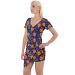 Mid Century Retro Floral 1970s 1960s Pattern 61 Short Sleeve Asymmetric Mini Dress