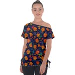 Mid Century Retro Floral 1970s 1960s Pattern 61 Off Shoulder Tie-Up T-Shirt