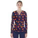 Mid Century Retro Floral 1970s 1960s Pattern 61 V-Neck Long Sleeve Top