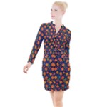Mid Century Retro Floral 1970s 1960s Pattern 61 Button Long Sleeve Dress