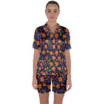 Mid Century Retro Floral 1970s 1960s Pattern 61 Satin Short Sleeve Pajamas Set