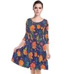 Mid Century Retro Floral 1970s 1960s Pattern 61 Quarter Sleeve Waist Band Dress