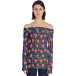 Mid Century Retro Floral 1970s 1960s Pattern 61 Off Shoulder Long Sleeve Top