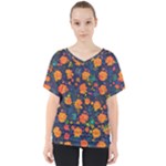 Mid Century Retro Floral 1970s 1960s Pattern 61 V-Neck Dolman Drape Top