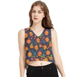 Mid Century Retro Floral 1970s 1960s Pattern 61 V-Neck Cropped Tank Top
