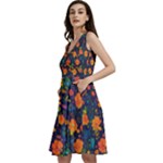 Mid Century Retro Floral 1970s 1960s Pattern 61 Sleeveless V-Neck Skater Dress with Pockets