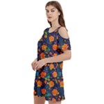 Mid Century Retro Floral 1970s 1960s Pattern 61 Women s Cold Shoulder Round Neck Mini Dress