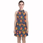 Mid Century Retro Floral 1970s 1960s Pattern 61 Velvet Halter Neckline Dress 