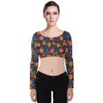 Mid Century Retro Floral 1970s 1960s Pattern 61 Velvet Long Sleeve Crop Top