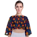 Mid Century Retro Floral 1970s 1960s Pattern 61 Tie Back Butterfly Sleeve Chiffon Top