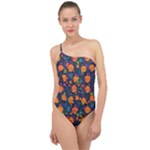 Mid Century Retro Floral 1970s 1960s Pattern 61 Classic One Shoulder Swimsuit