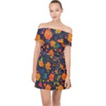Mid Century Retro Floral 1970s 1960s Pattern 61 Off Shoulder Chiffon Dress