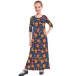 Mid Century Retro Floral 1970s 1960s Pattern 61 Kids  Quarter Sleeve Maxi Dress