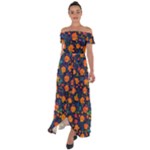 Mid Century Retro Floral 1970s 1960s Pattern 61 Off Shoulder Open Front Chiffon Dress