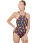 Mid Century Retro Floral 1970s 1960s Pattern 61 High Neck One Piece Swimsuit