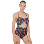 Mid Century Retro Floral 1970s 1960s Pattern 61 Scallop Top Cut Out Swimsuit
