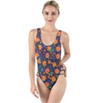 Mid Century Retro Floral 1970s 1960s Pattern 61 High Leg Strappy Swimsuit