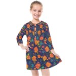 Mid Century Retro Floral 1970s 1960s Pattern 61 Kids  Quarter Sleeve Shirt Dress