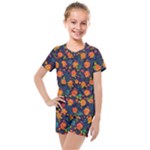 Mid Century Retro Floral 1970s 1960s Pattern 61 Kids  Mesh T-Shirt and Shorts Set