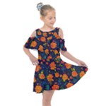 Mid Century Retro Floral 1970s 1960s Pattern 61 Kids  Shoulder Cutout Chiffon Dress