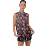 Mid Century Retro Floral 1970s 1960s Pattern 61 Sleeveless Chiffon Button Shirt