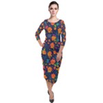 Mid Century Retro Floral 1970s 1960s Pattern 61 Quarter Sleeve Midi Velour Bodycon Dress