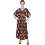 Mid Century Retro Floral 1970s 1960s Pattern 61 V-Neck Boho Style Maxi Dress