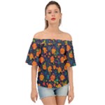 Mid Century Retro Floral 1970s 1960s Pattern 61 Off Shoulder Short Sleeve Top