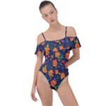 Mid Century Retro Floral 1970s 1960s Pattern 61 Frill Detail One Piece Swimsuit