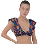 Mid Century Retro Floral 1970s 1960s Pattern 61 Plunge Frill Sleeve Bikini Top