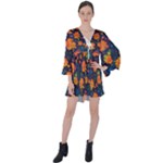 Mid Century Retro Floral 1970s 1960s Pattern 61 V-Neck Flare Sleeve Mini Dress
