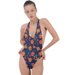 Mid Century Retro Floral 1970s 1960s Pattern 61 Backless Halter One Piece Swimsuit
