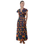 Mid Century Retro Floral 1970s 1960s Pattern 61 Flutter Sleeve Maxi Dress