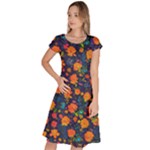 Mid Century Retro Floral 1970s 1960s Pattern 61 Classic Short Sleeve Dress