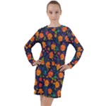 Mid Century Retro Floral 1970s 1960s Pattern 61 Long Sleeve Hoodie Dress