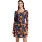 Mid Century Retro Floral 1970s 1960s Pattern 61 Long Sleeve Velour Skater Dress