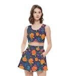 Mid Century Retro Floral 1970s 1960s Pattern 61 Women s Crop Top Pleated Skater Rave Skirt
