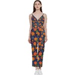 Mid Century Retro Floral 1970s 1960s Pattern 61 V-Neck Camisole Jumpsuit