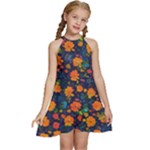 Mid Century Retro Floral 1970s 1960s Pattern 61 Kids  Halter Collar Waist Tie Chiffon Dress